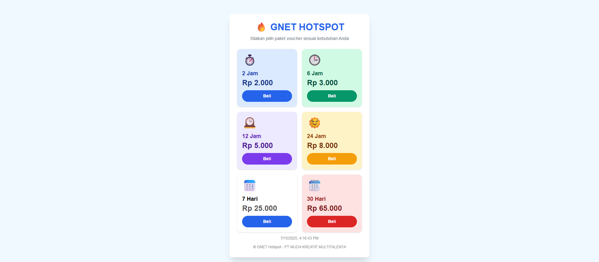 tampilan halaman pembelian voucher GNET HOTSPOT pada sebuah website dengan desain mobile-friendly dan bersih.